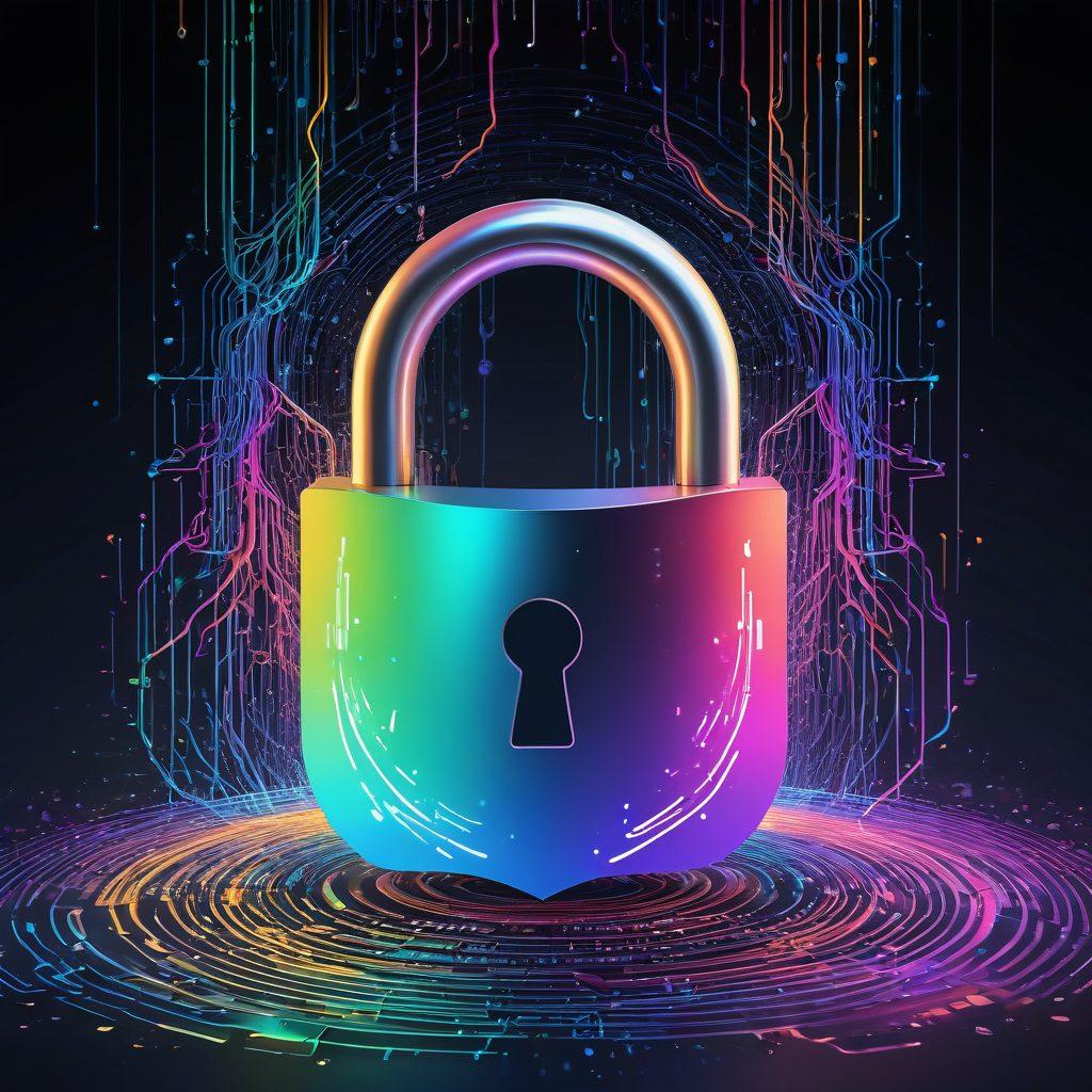 A digital illustration depicting an intricate lock symbolizing security, intertwined with torrents and flowing data streams. Include diverse users safely sharing files across a network, each represented by colorful, unique avatars. The backdrop should feature abstract waves of binary code, conveying anonymity and tech-savviness. Use a modern, tech-inspired aesthetic with vibrant colors and dynamic movement to emphasize the theme of safe file sharing. Cyberpunk style. vibrant colors. 3D.