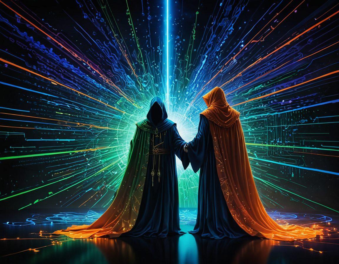A digital wizard, surrounded by swirling torrents of vibrant data streams, unleashing a shield of encryption symbols that reflect a secure and private download experience. The background features a dark, mysterious landscape with glowing network lines connecting distant servers, symbolizing the vastness of file sharing. Include elements like padlocks and cloaks to represent security and privacy in action. surrealism. vibrant colors. dark background.